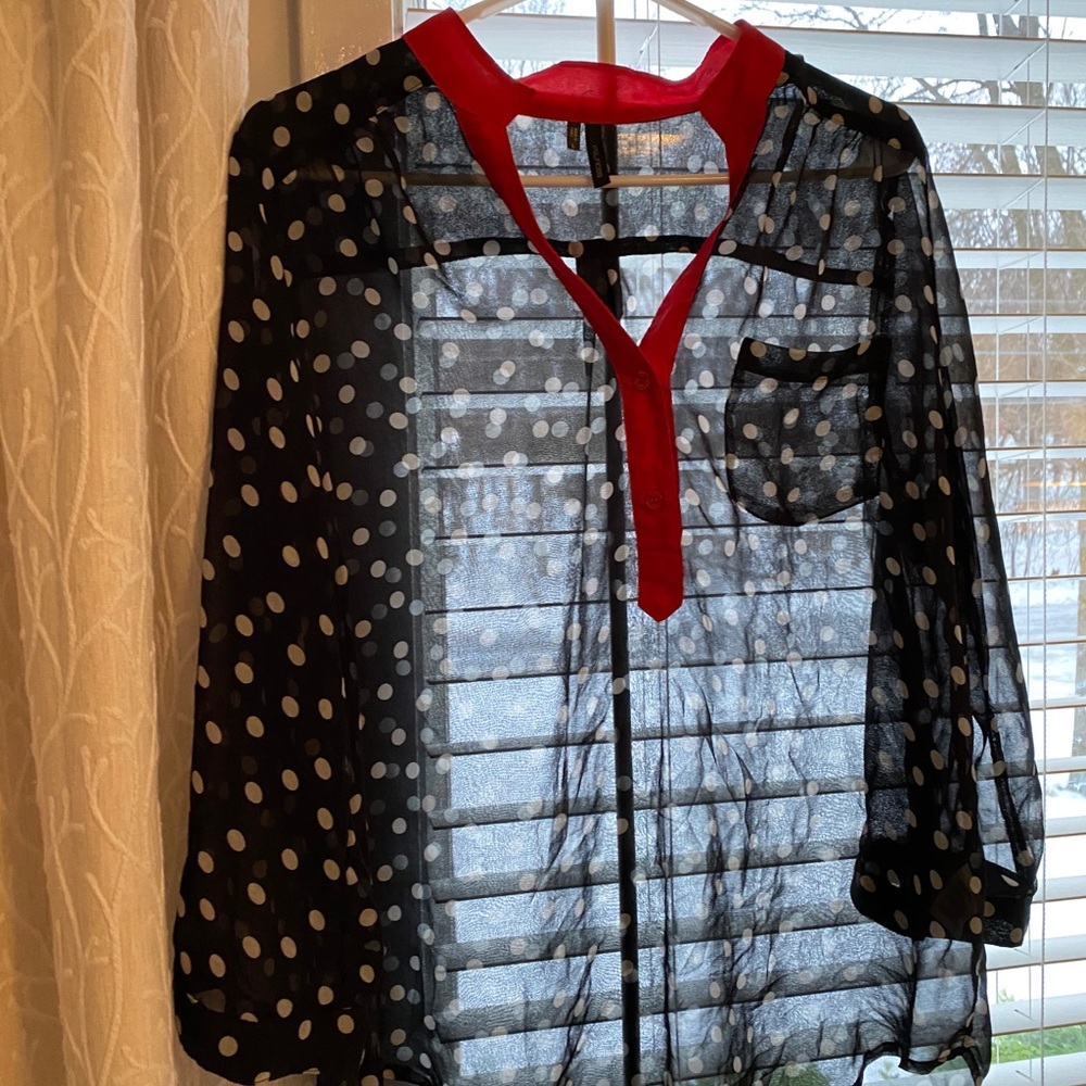 Maurices black with white polkadot blouse